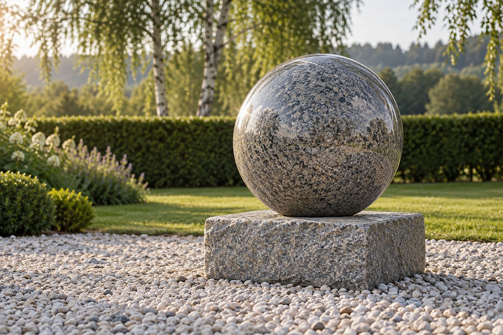 Polierte Granitkugel auf einem rauen Granitsockel im hellen Kies, dahinter eine Hecke, Rasen und Birken im Abendlicht