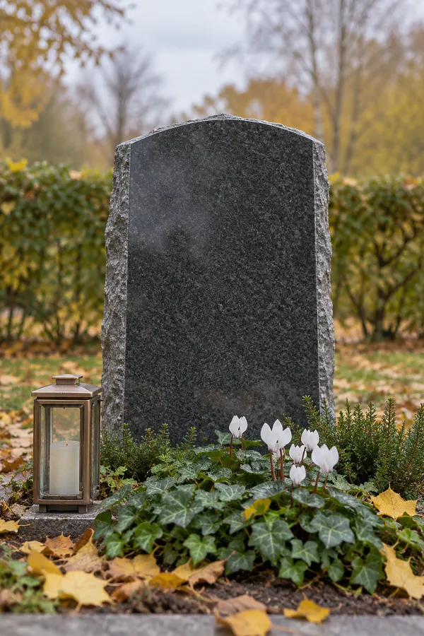 Schlichter Grabstein aus dunklem Granit mit polierter, unbeschrifteter Vorderseite und bruchrauen Seiten, davor Efeu, weiße Alpenveilchen und eine Grablaterne aus Bronze