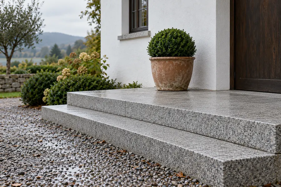 Eingangspodest mit zwei breiten Stufen aus hellgrauem Granit vor einem weiß verputzten Haus, darauf ein Terrakottatopf mit Buchskugel